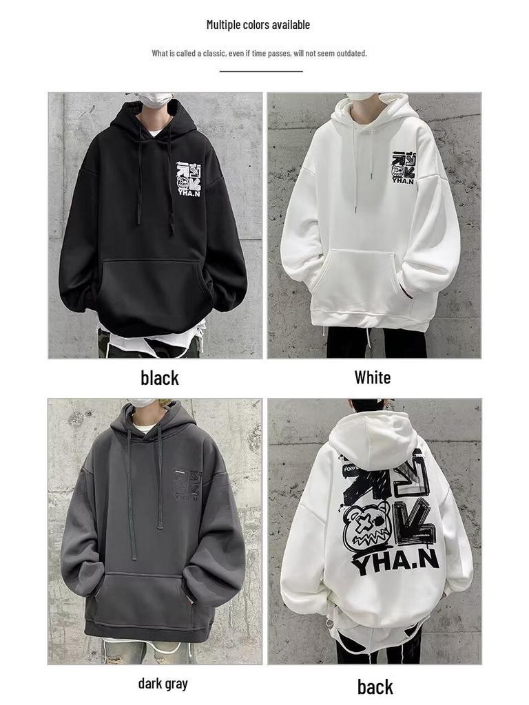Men's Heavyweight Hooded Sweatshirt - Trendy Autumn/Winter High Street Style, Loose Fit, Velvet Lined.