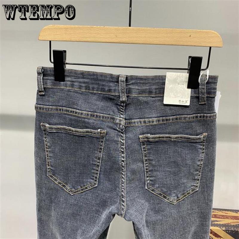 WTEMPO Sommer Herren Gerade Lockere Jeans Einfarbig Dünne Sektion Stretch Slim Jeans Einfache Lässige Atmungsaktive Dreiviertelhose