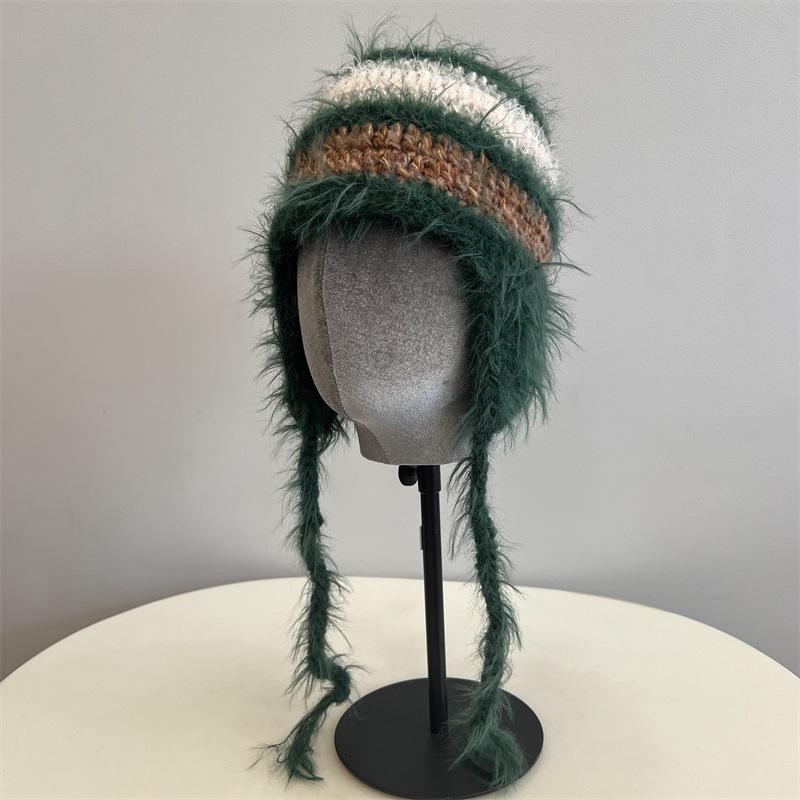 College style rabbit hair wool contrasting colors women's autumn and winter warm wool feeling outdoor cold ear protection flying hat