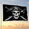91.44X152.4cm Black And White Pirate Skull Flag with Tricorn Hat And Crossed Swords - Distressed Gothic Emblem Tapestry for Indoor Wall Decor, 100% Po