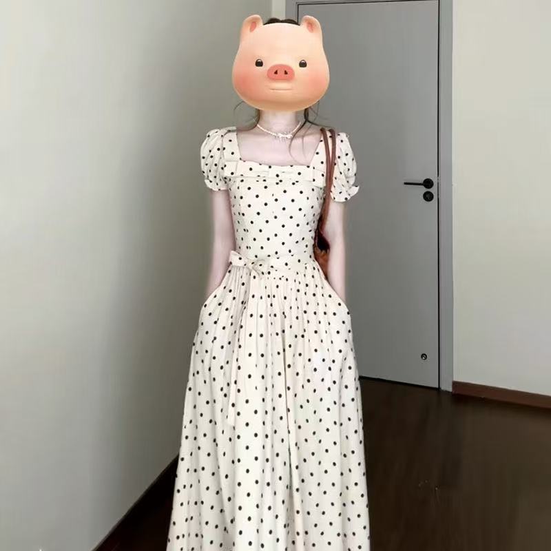 French temperament high-end bubble sleeve dress women's summer new square collar polka dot waist dress