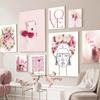 Nordic Canvas Painting Pink Flower Ace of Hearts Line Girl Wall Art Posters and Prints Wall Picture Living Room Bedroom Decor