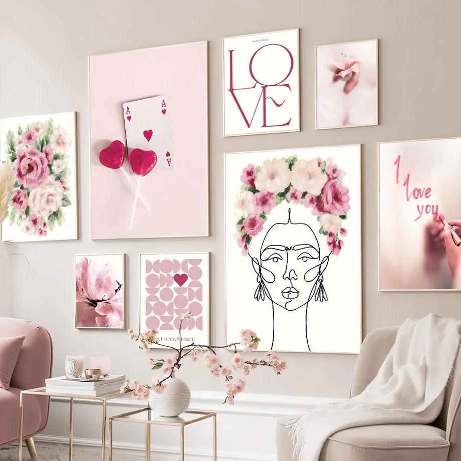Nordic Canvas Painting Pink Flower Ace of Hearts Line Girl Wall Art Posters and Prints Wall Picture Living Room Bedroom Decor