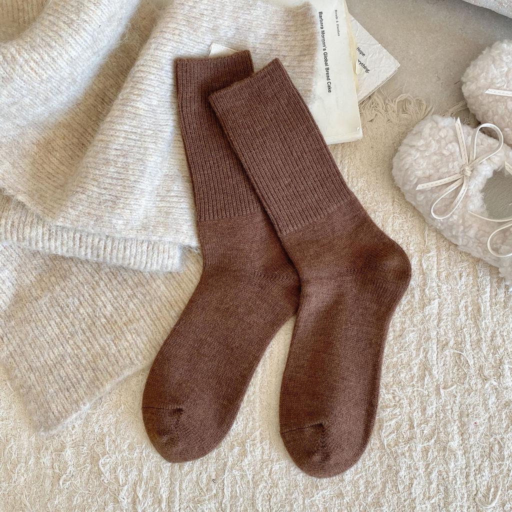 Female Autumn and Winter Style Warm Retro Solid Color All Match Pinstripe Wool Long Stack Socks