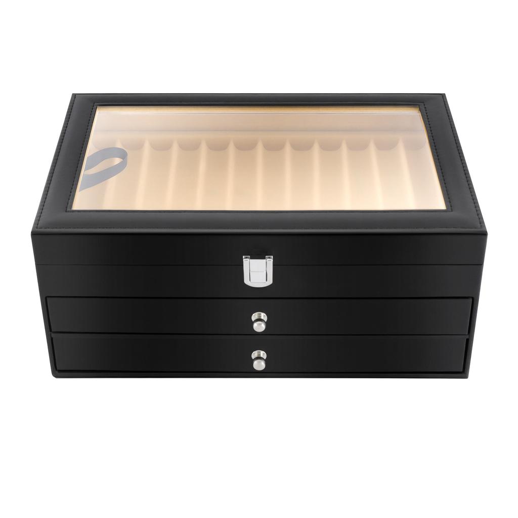 36 Slot Luxury Pen Display Case, PU Leather Reto Writing Pen Box with Glass Lid & Lock for Fountain Pen Collectors Storage