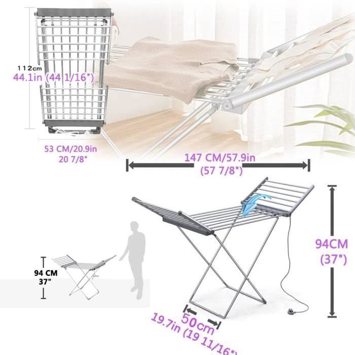45-55℃ Sèche-Linge électrique, 50Hz-230W électrique Sèche-Linge Pliable, 18 Barres, étendoir à Linge Chauffant électrique Ailé A601