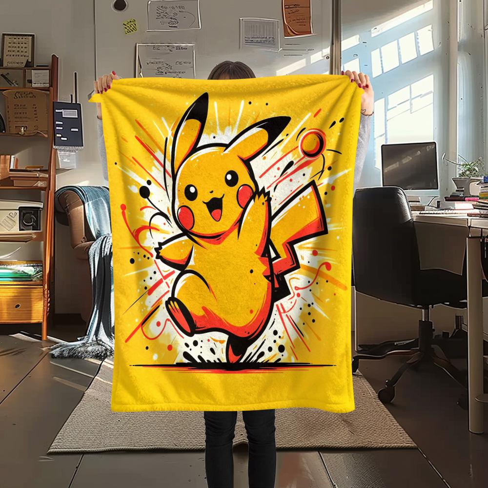 Happy Pikachu  Print Flannel Blanket, High quality Comfortable for All Seasons, Home Decor, Warmth and Comfort