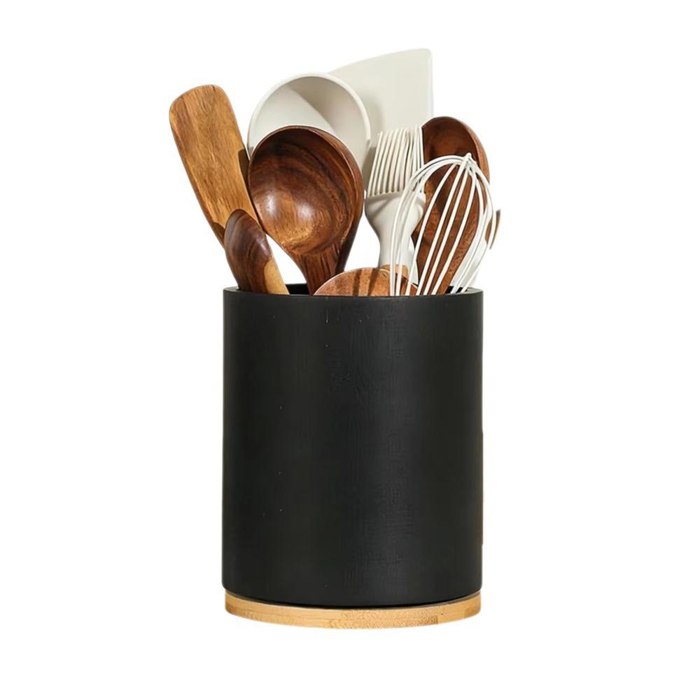 Wooden Kitchen Utensil Holder Farmhouse Style 360° Rotating Cutlery Storage Rack Large Capacity Chopstick Cage Kitchen Counter