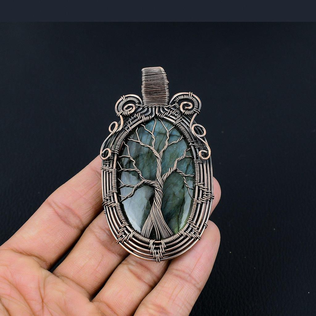 Tree Of Life Labradorite Pendant, Handmade Gemstone  999 Copper Wire Wrapped Pendant Antique Jewelry, For Gift Silver Jewelry