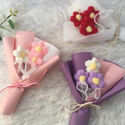 Hand Knitted Flower Homemade Crochet Puff Flowers Bouquet Artificial Flower Wedding Decoration Valentine's Teacher's Day Gifts
