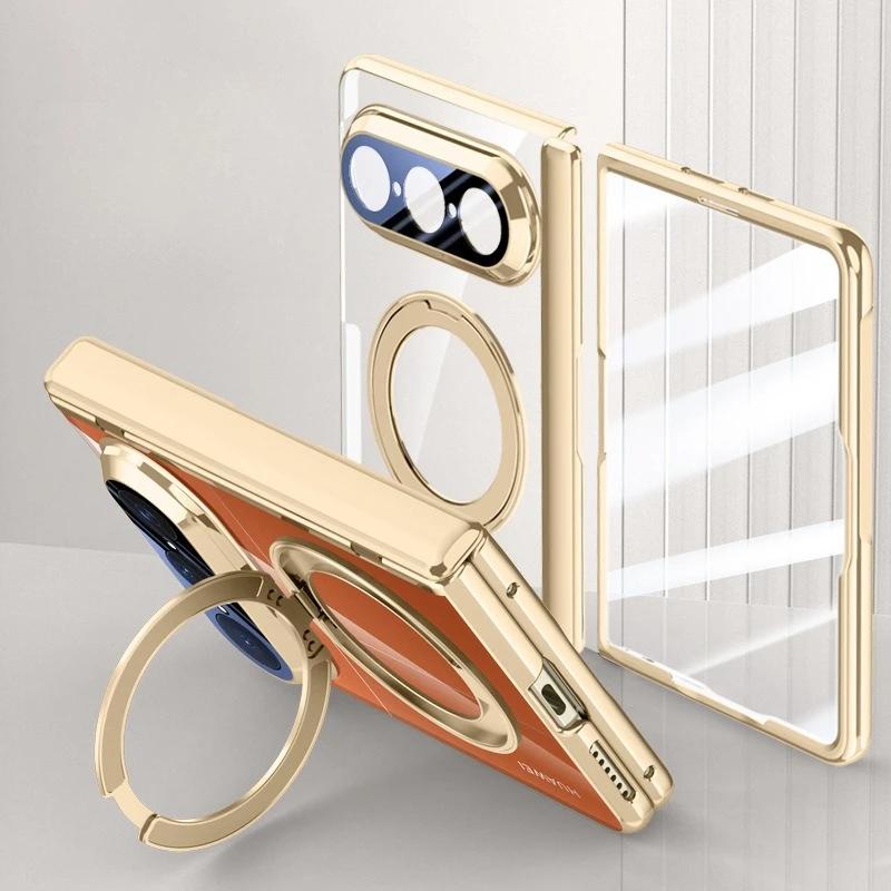 Glossy Transparent Hard PC Hinge Cover for Huawei Pura X Max Magnetic 360 Ring Holder Bracket Case 9H HD Glass Screen Protector