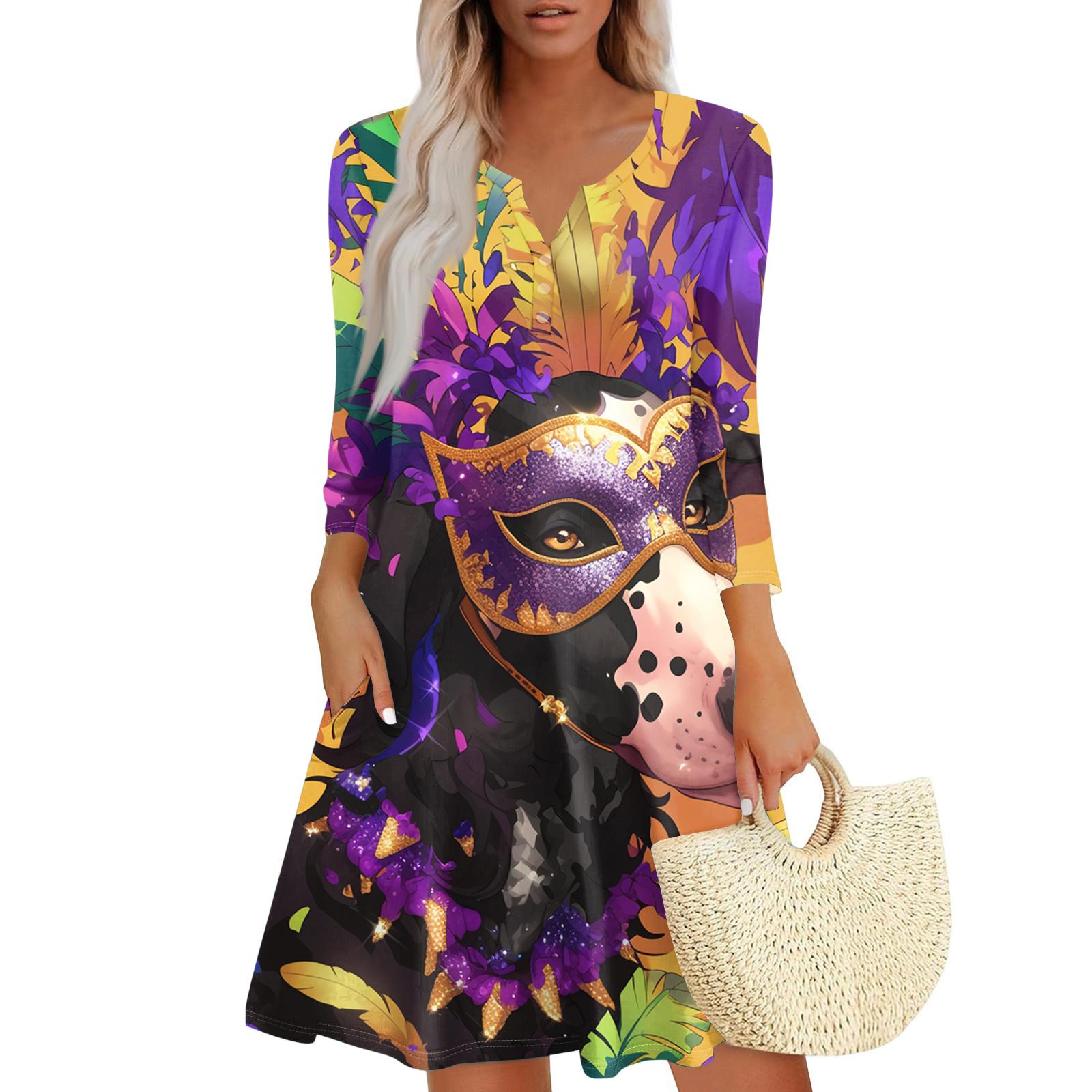 Women s Dress Loose V Neck Three-quarter Sleeve With Pockets Dress L