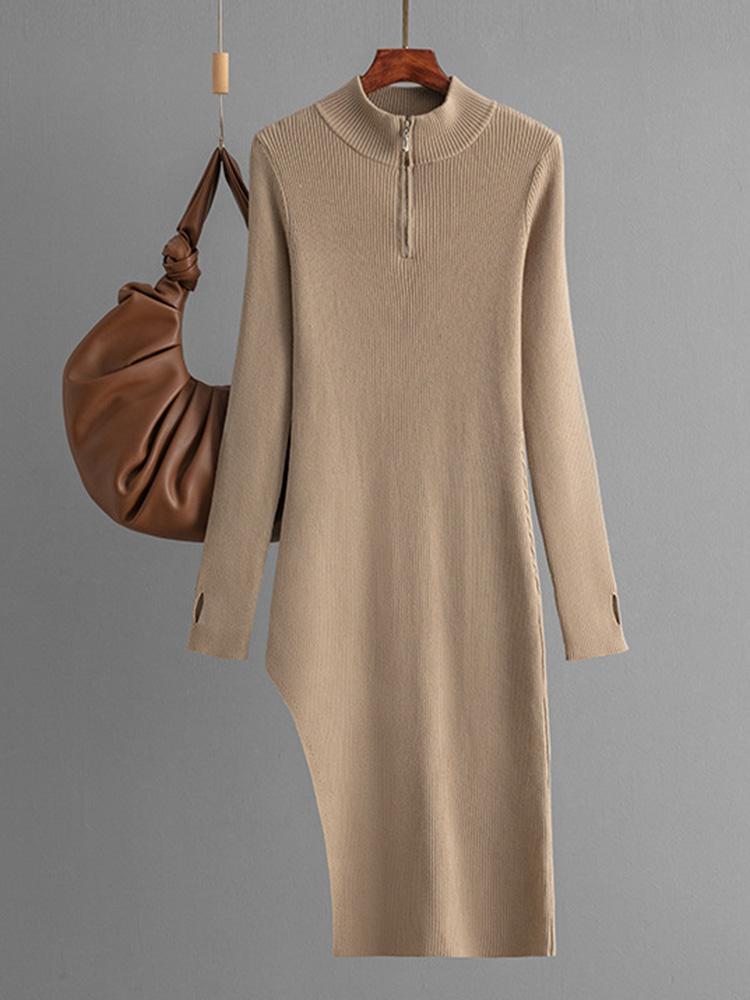 Pletené šaty na zip Dámské 2024 Podzim Zima Polodlouhý rolák Dlouhé přiléhavé Jednobarevné šaty pro ženy Stehenní Midi Rozparek Šaty