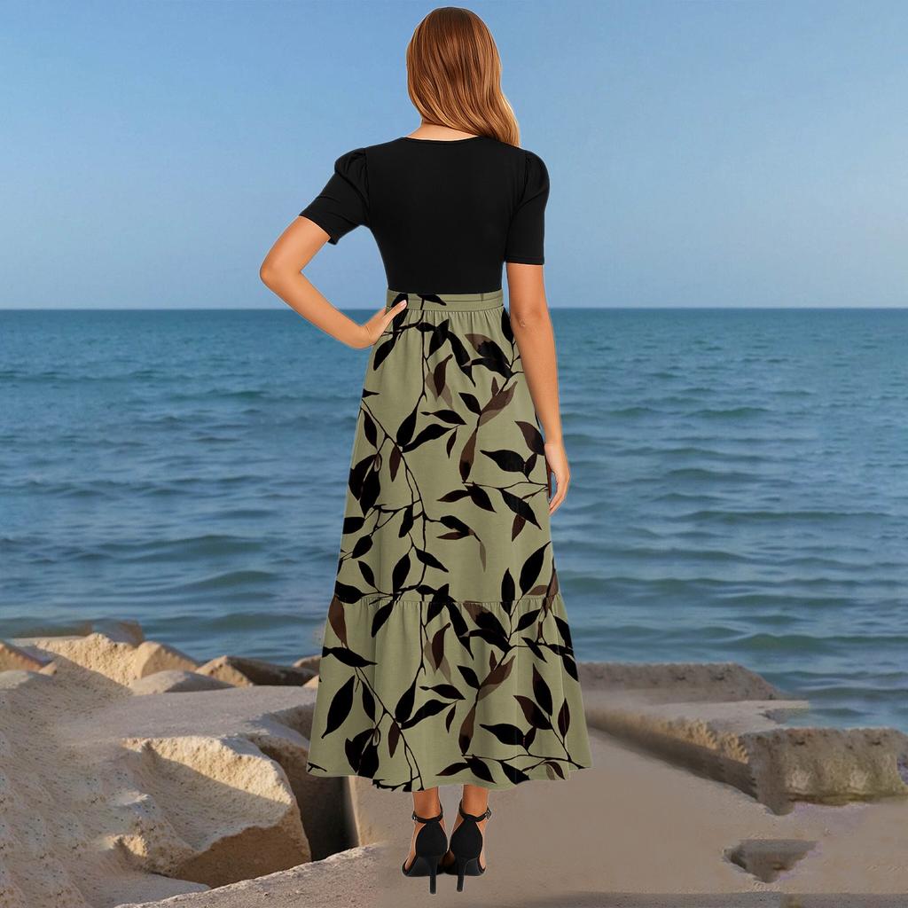 Women's Fashionable Casual Belt Short Sleeved Round Neck Print Elegant Temperament Dress