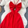 Design Hollow-out Wrap-around Hanging Neck Dress Scheming Strap Slim Fit Long Over-the-Knee Split Vacation Suspender Dress