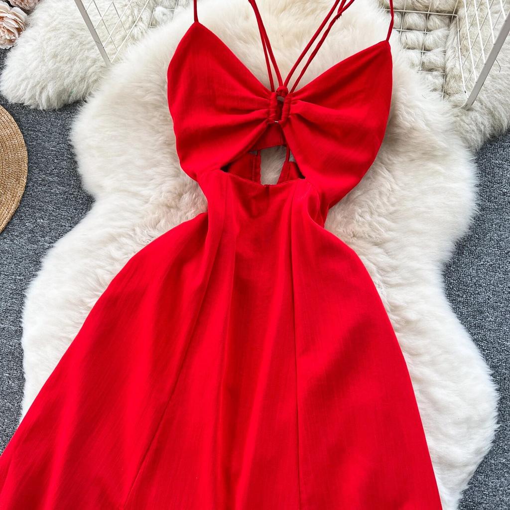 Design Hollow-out Wrap-around Hanging Neck Dress Scheming Strap Slim Fit Long Over-the-Knee Split Vacation Suspender Dress