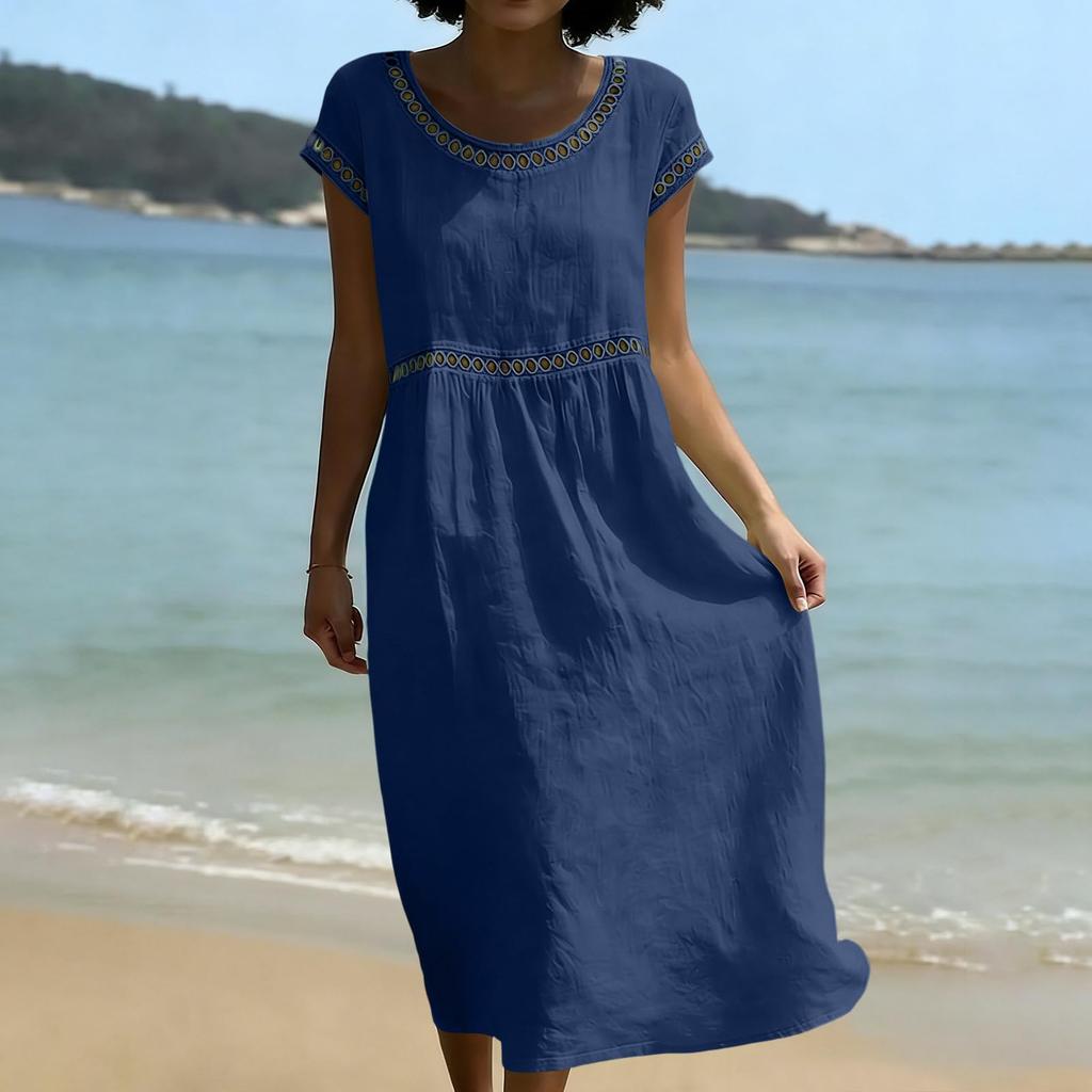 Women Casual Embroidered Trim Round Neck Midi Dress Cotton Linen Short Sleeve Loose Fit Summer Style Comfortable