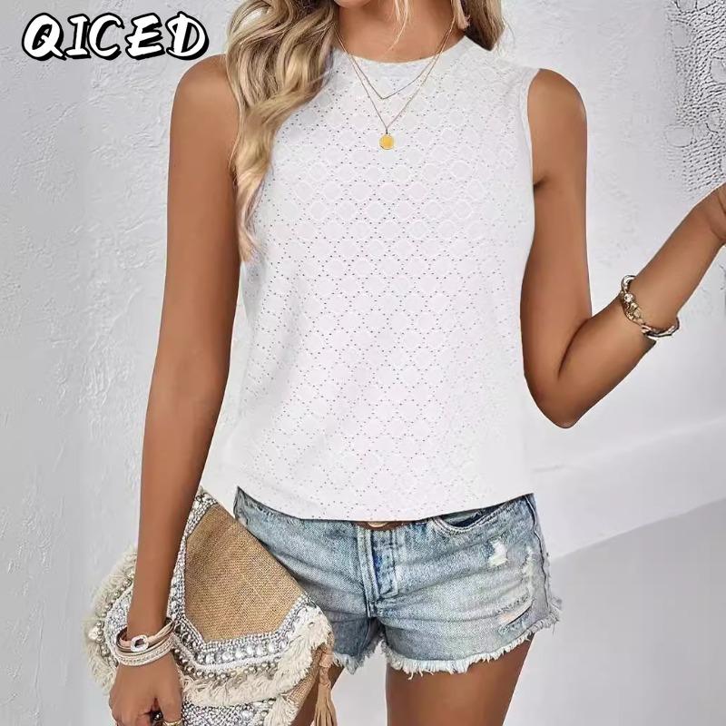 QICED Women's Fashion Casual Solid Color Print Sleeveless O-Neck Blouses & Shirts