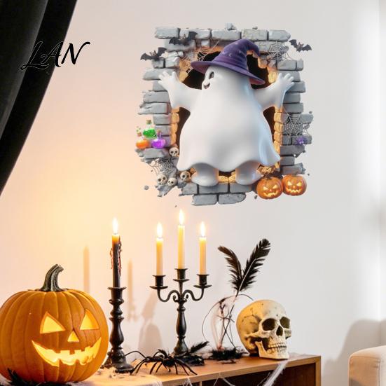 Black Cat Wall Stickers Halloween Stickers, 3D Broken Effect with Ghost Skeleton Pumpkin Bat Decals, Self-Adhesive Temporary Decorations Waterproof