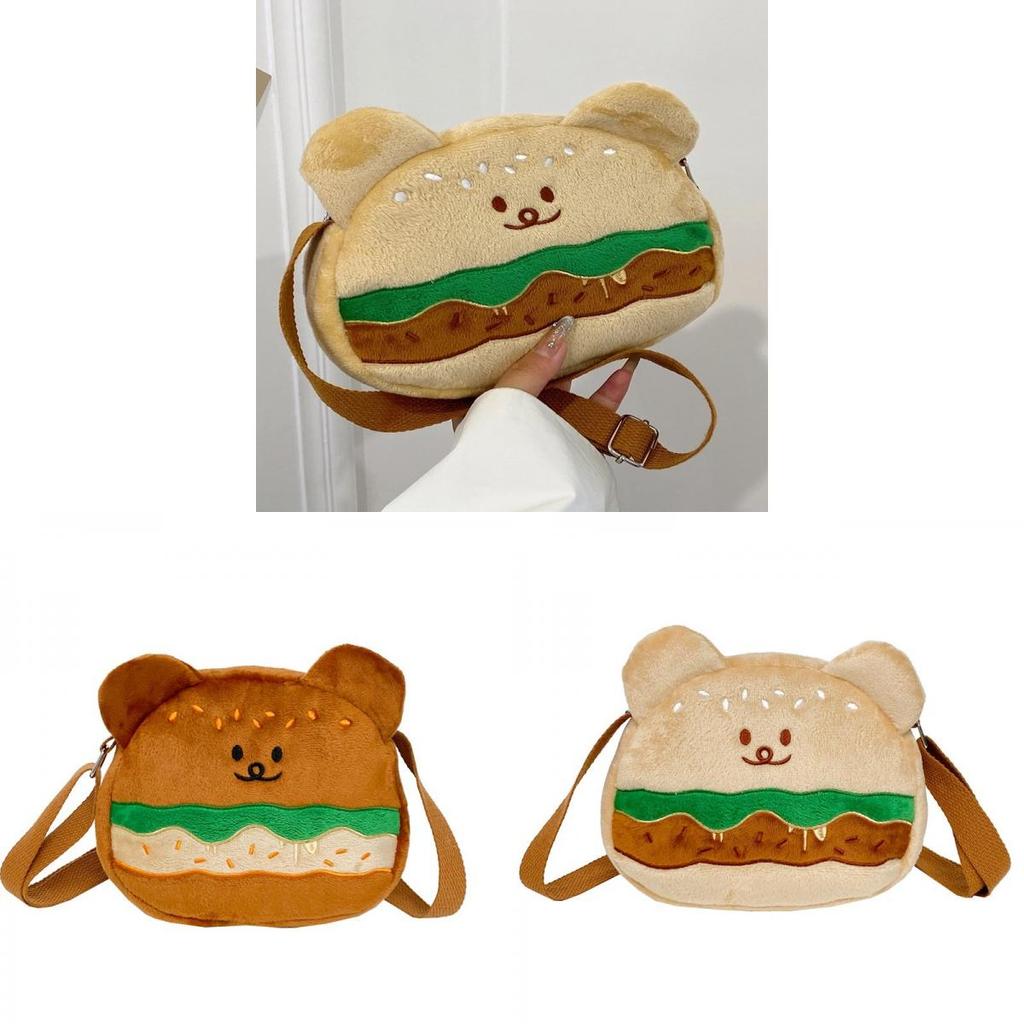 Soft Velvet Hamburger Bear Crossbody Bag With Embroidery For Daily Use