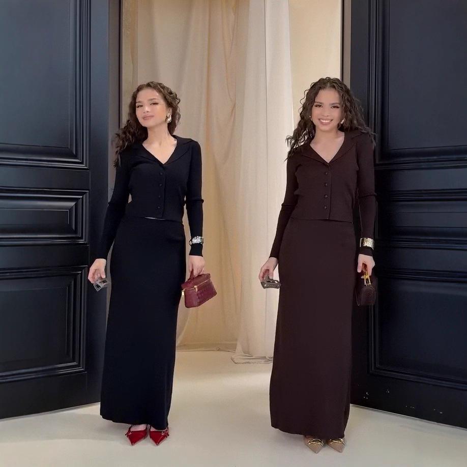 2025 Fall V-Neck Long-Sleeve Sweater & Slim Fit Knit Skirt Set for Women