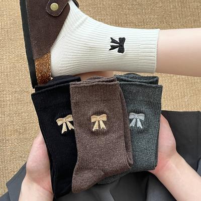 Female Autumn and Winter Sweet Everything with Bow Embroidery In The Tube Pile Socks