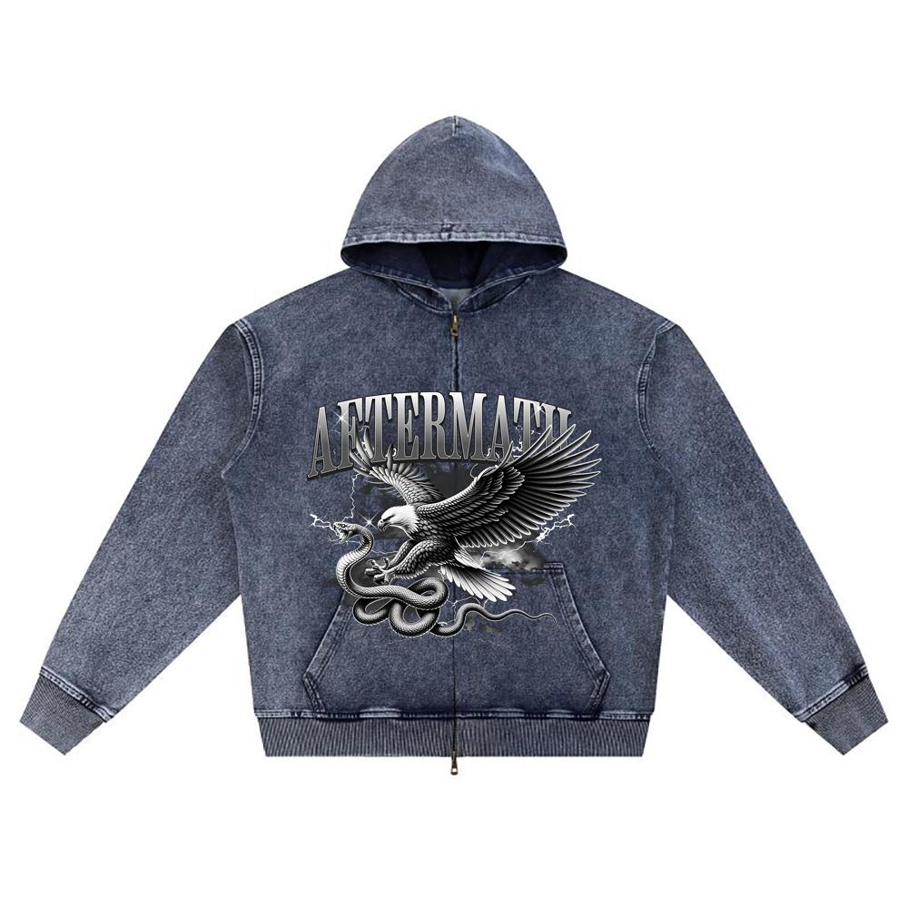

DTG print Knitted Denim Zip-Up Hoodie Aftermath Brother Print Zipper Hoodies XL