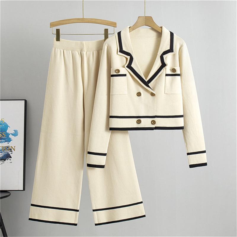 Autumn And Winter Knitted Wide Leg Pants Two Piece Suit Short Style Small Fragrance Fashionable Casual Suit For Women