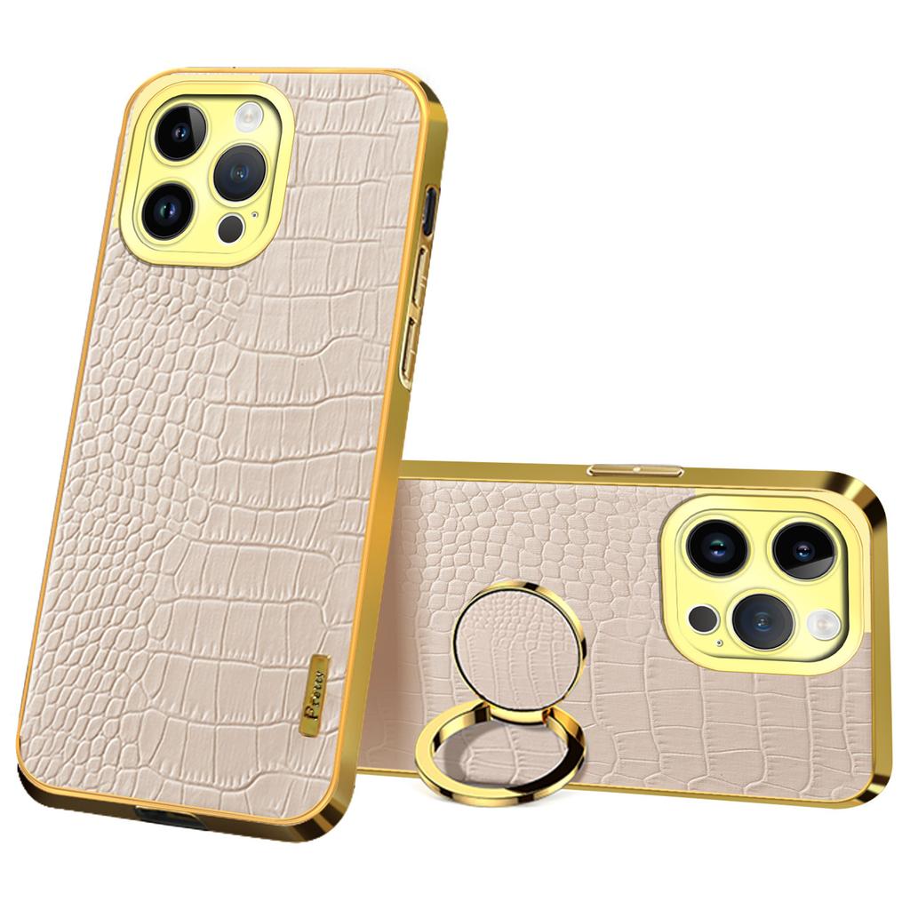 For iPhone 16 Pro Case Crocodile Texture Ring Kickstand TPU+Leather Electroplating Phone Cover