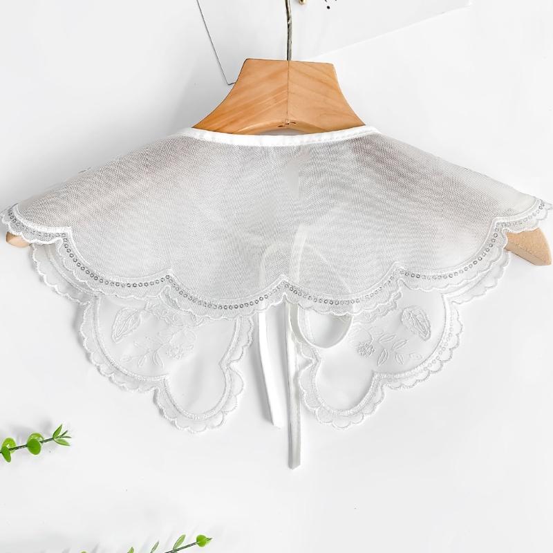 Elegant White Embroidered Flower Detachable Collar for Women Fashionable Sequins Embellished Mesh Shawl Wrap Capelet