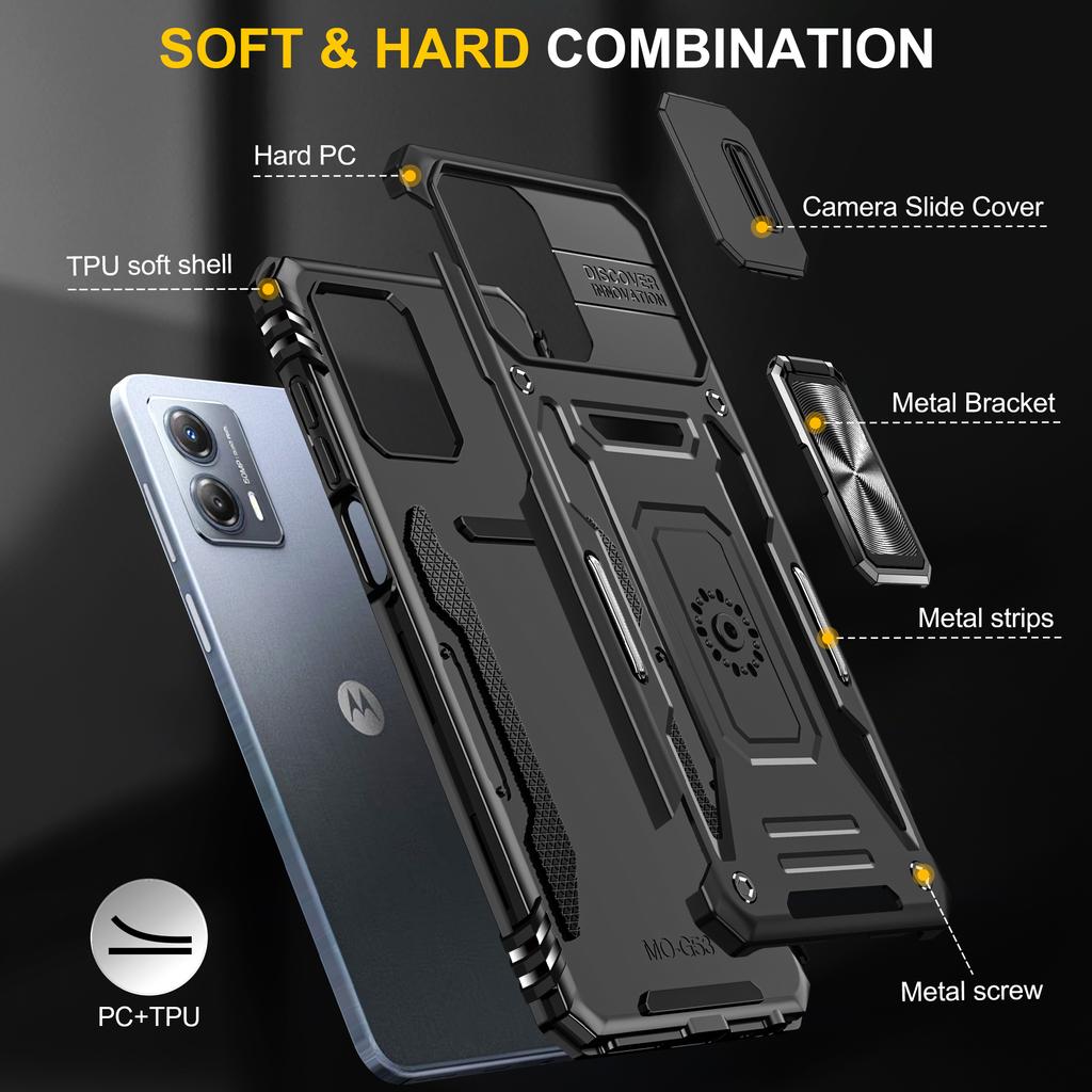 For Motorola Moto G53 5G Armor Series Slide Lens Protection Phone Case PC+TPU Kickstand Cover