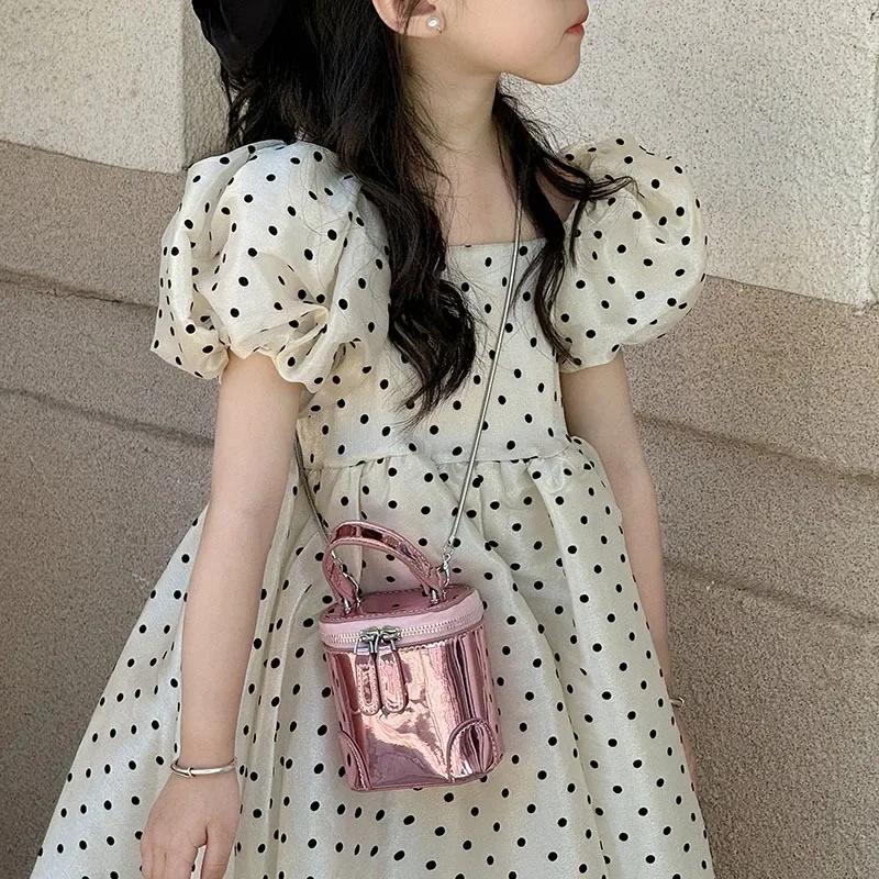 Monochromatic shiny PU shoulder bag for women solid color stitching chain mini bucket with zipper crossbody bags fashion