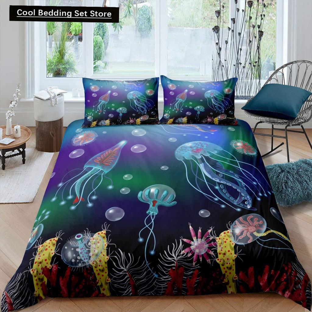 Kids Cartoon Ocean Animal King Queen Bedding Set Underwater World Duvet Cover Marine Life Quilt Cover Polyester Comforter Cover