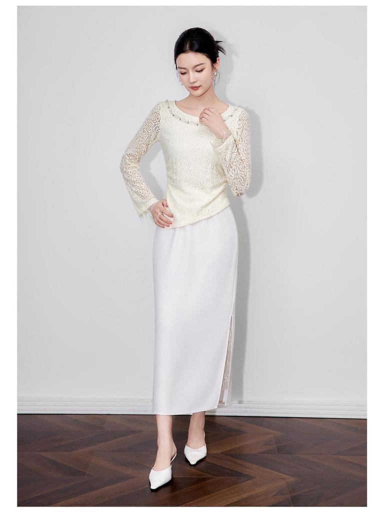 Nanyou Elegantes Französisches Ein-Schulter Perlen-Spitzen-T-Shirt