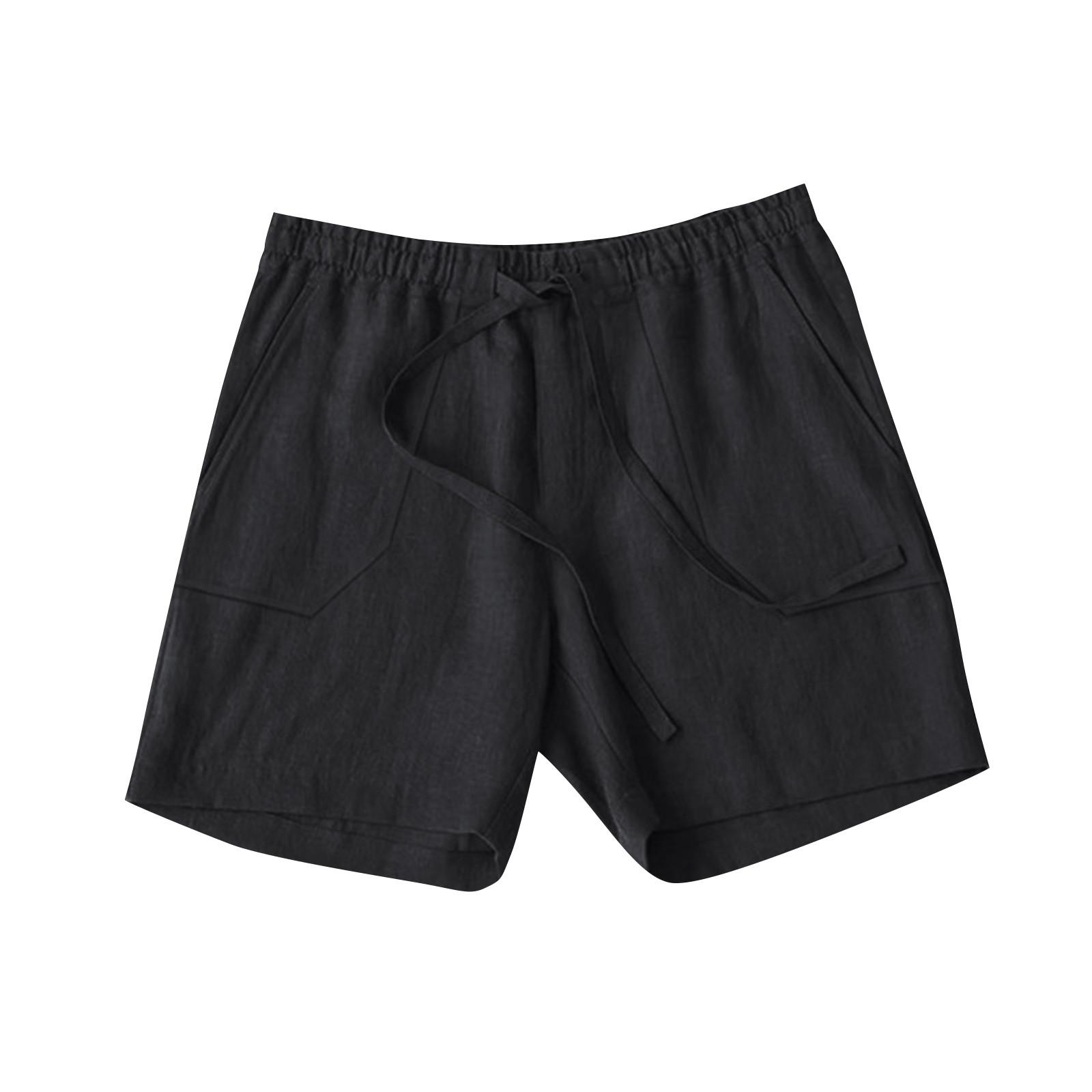 

Льняные шорты для мужчин, повседневные свободные посадки, прямые брюки с эластичной талией, пляжные брюки с эластичной резинкой на талии, уличные дышащие быстросохнущие брюки XXXXL чёрный