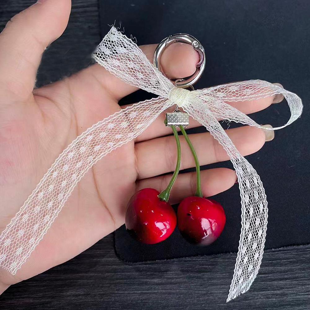 Cherry Bag Pendant Keychain Lace Bow Ribbon Phone Chain Hanging Pendant Backpack Decoration Bag Pendant Bowknot Imitation Pearl