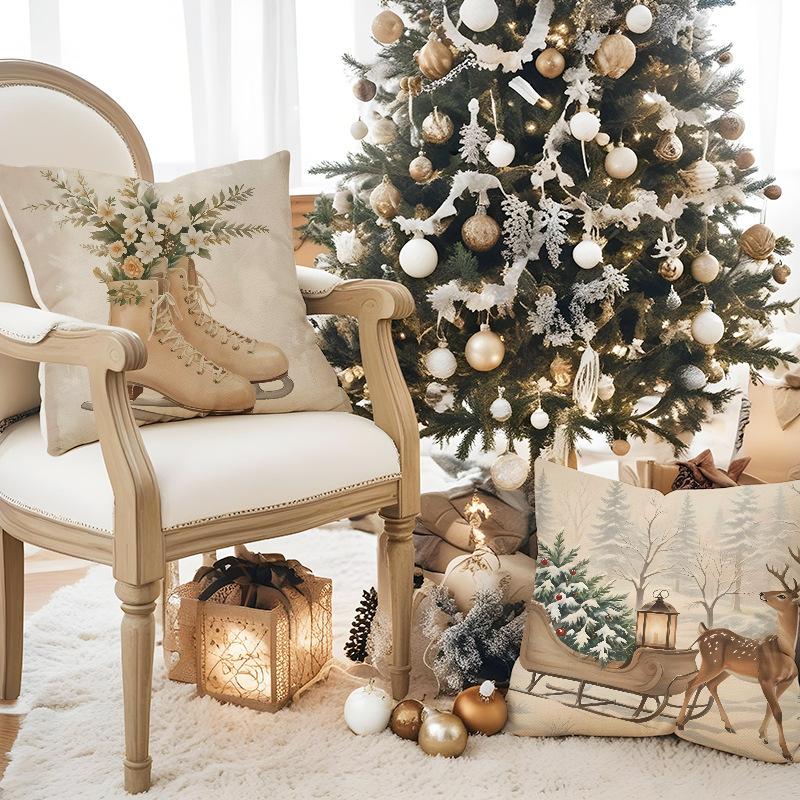 New Sled Deer Candle Christmas Pillowcase Linen Print Pillowcase Festive Room Sofa Decoration Cushion