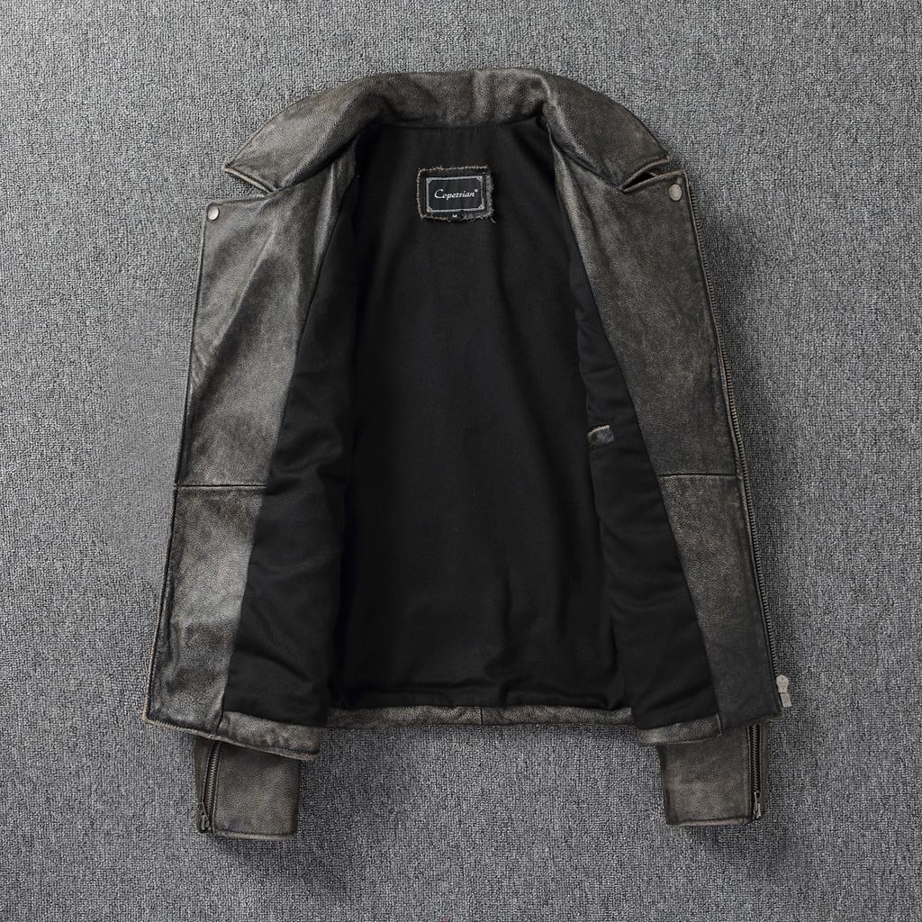 Genuine Leather Jacket Men Real Cowhide Biker Jacket Slim Fit Retro Short Zipper Motorcycle Coat