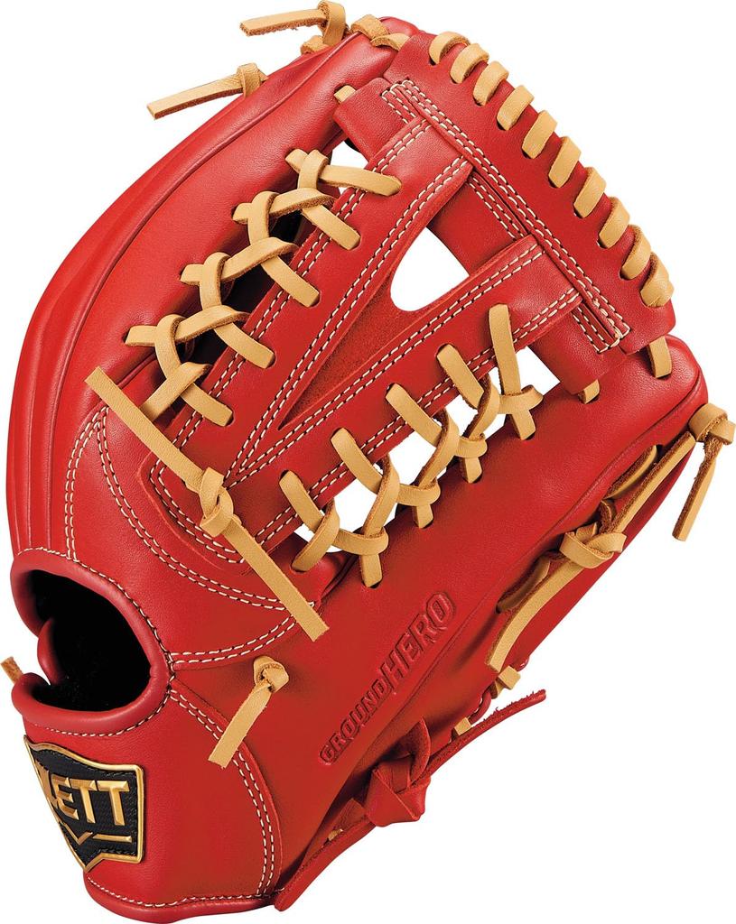 ZETT Youth Baseball Softball Ground Hero Red X Pastel Brown BJGB76555F Glove, All-Around, Left-Handed Throw, (6432), Size L,