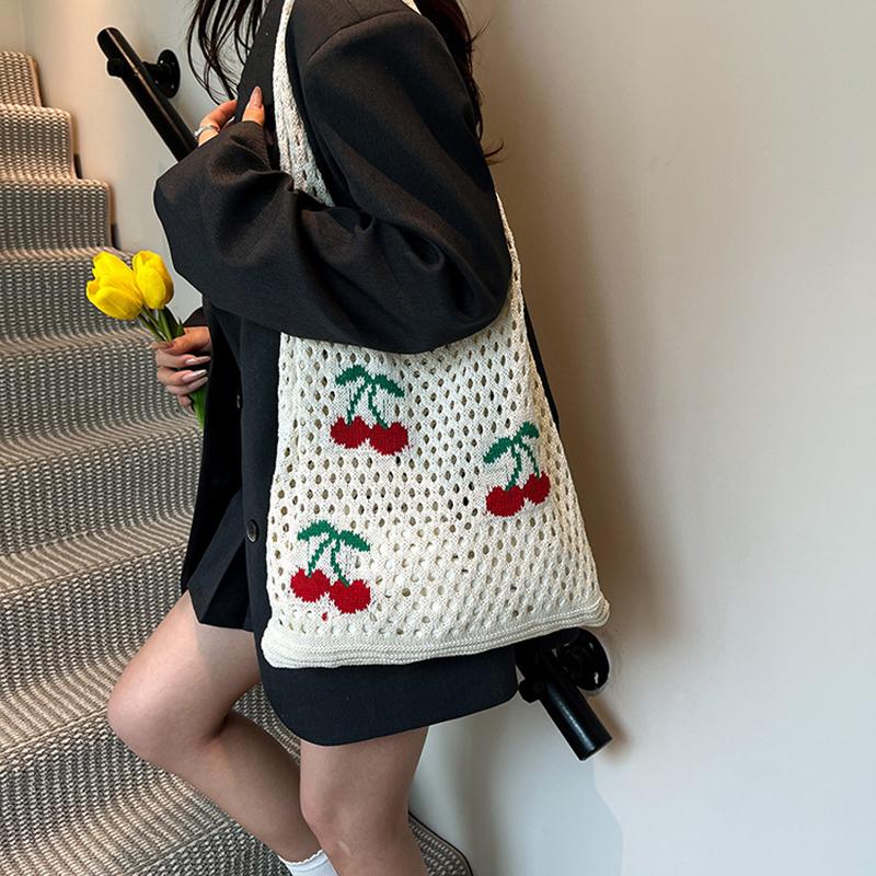 Borsa Tote all'Uncinetto di Grande Capacità alla Moda Stile Coreano Borsa Intrecciata Vuota Borsa a Mano in Maglia Ricamata in Poliestere Quotidiana 0841 CLE