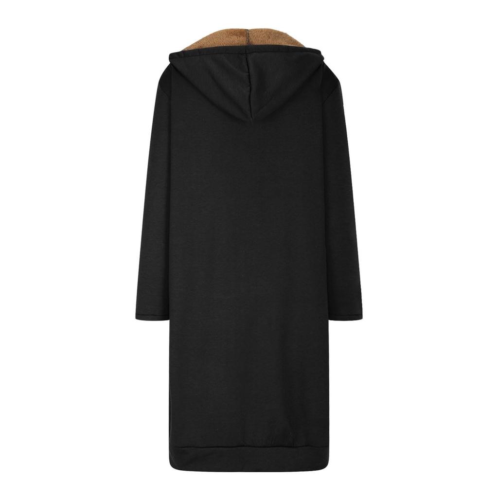 Women's Fashion Casual Solid Color Compound Fleece Sweater Medium Long Casual Hoodie Coat