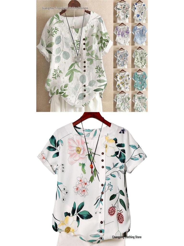 Women's Summer Retro Print Loose Cotton-Linen Short Sleeve Casual T-Shirt