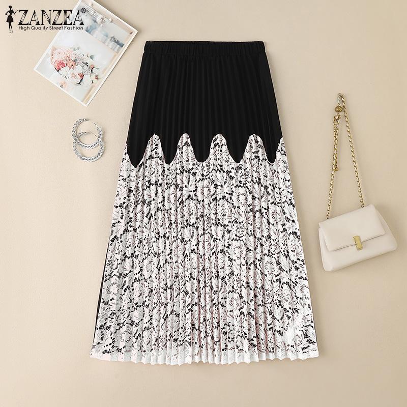 ZANZEA Women Elastic Waist Front Lace Patchwork Casual Pleated Skirts