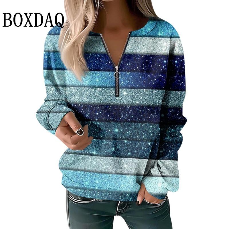 Striped Zipper V-Neck High Street Woman Long Sleeved Sweatshirt Autumn Color Blocked Printed Women's Tops Loose Casual Clothes