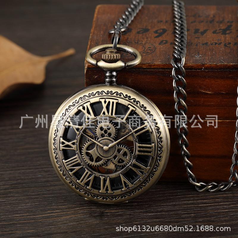 Gear Parts Roman Character Hollow Pocket Watch, Large Classical Mechanical Parts Silver Mechanical Pocket Watch Movement