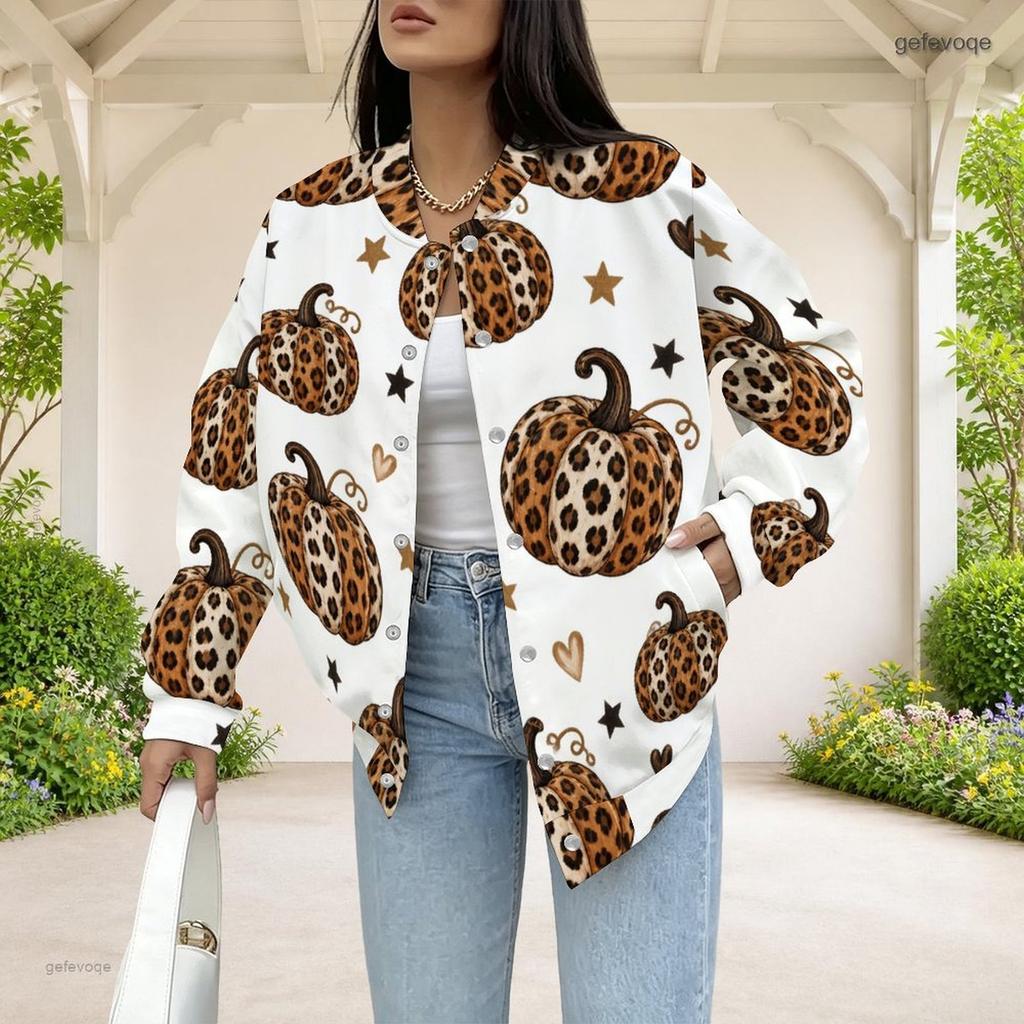 Women Plus Size White Leopard Heart Lock Printed Baseball Collar Long Sleeve Jacket With Pockets