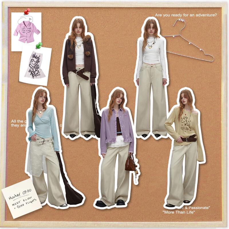 unifree American Retro Angel Wing Print Washed Loose Wide-Leg Casual Pants