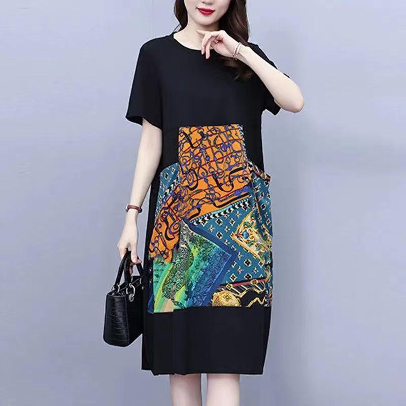 Elegant Plus Size Summer Dress - Slimming, Belly Concealing with Age-Reducing Print & Patchwork Design