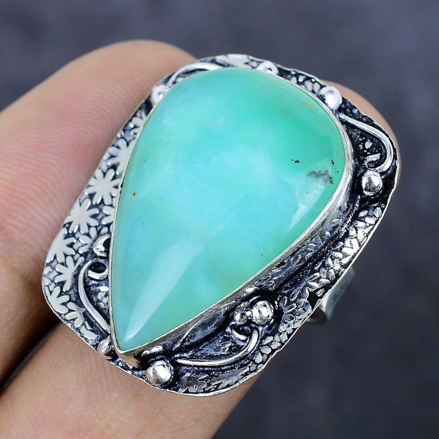 Anello in Argento Sterling 925 con Pietra Preziosa Crisoprasio Naturale Misura 7 D8J77