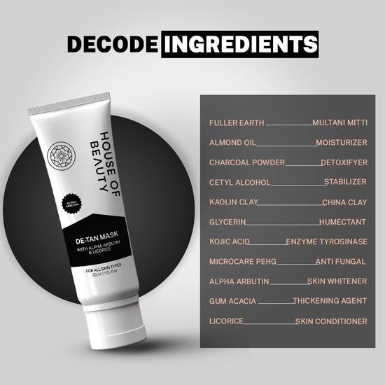 HOUSE OF BEAUTY De Tan Mask with Fuller's Earth and Alpha Arbutin Reduce White Heads , Dark Spots and Pigmentation, Provide a Glowing Skin(30 Ml)